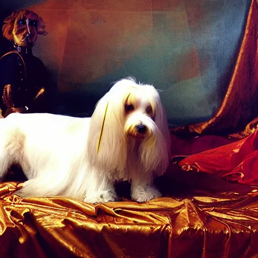 Prompt: a cream - colored havanese laying on top of a plastic sequined horse, a renaissance painting in the background, photo by david lachapelle, behance, transgressive art, renaissance painting, freakshow, official art