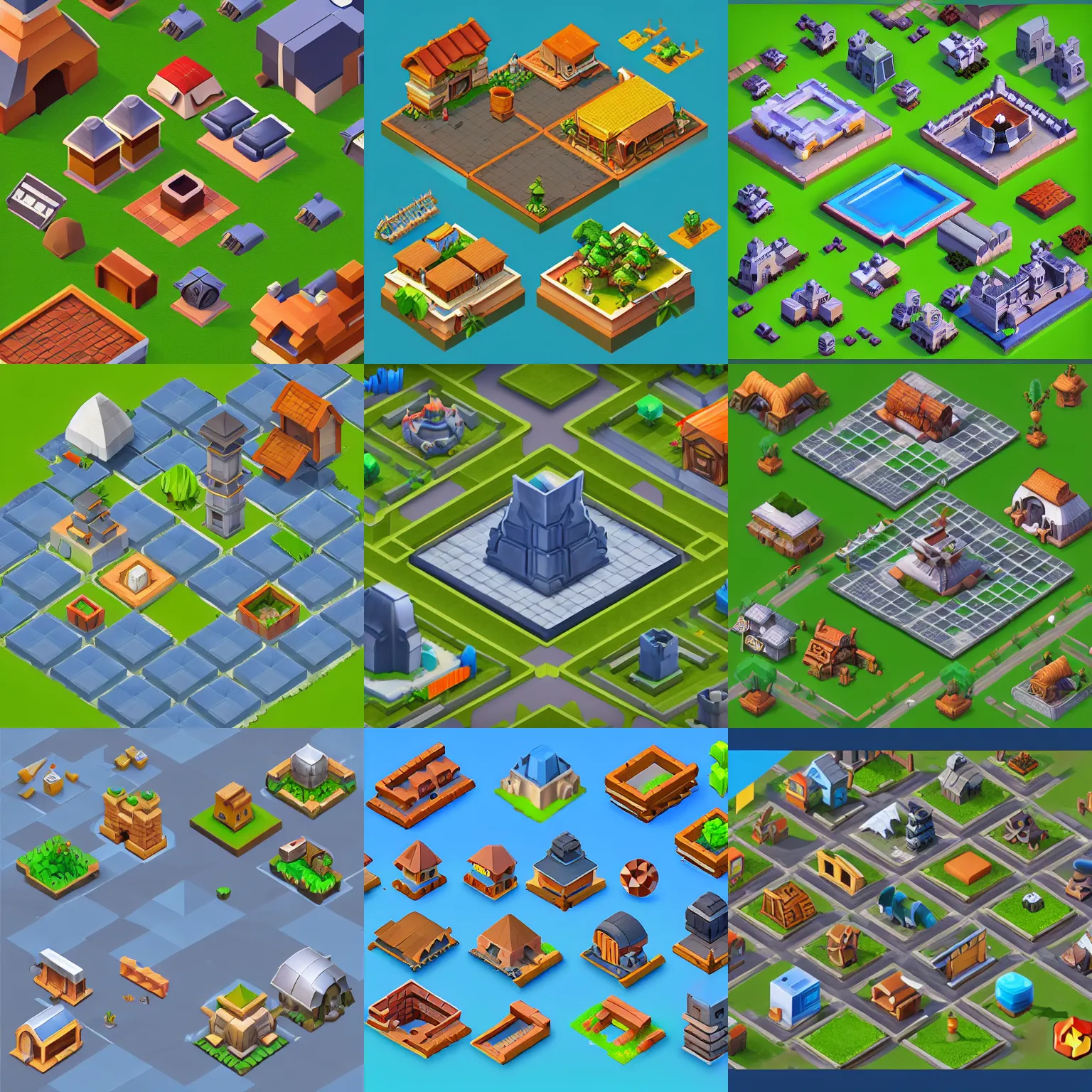 Prompt: collection of isometric building assets in grid, clash of clans style, modular game dev art