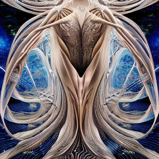 Prompt: queen of the galaxy by alex grey, zaha hadid, iris van herpen and rick owens. highly detailed, hyper - real, very beautiful, intricate fractal details, very complex, opulent, epic, mysterious, polished, futuristic design, trending on deviantart and artstation