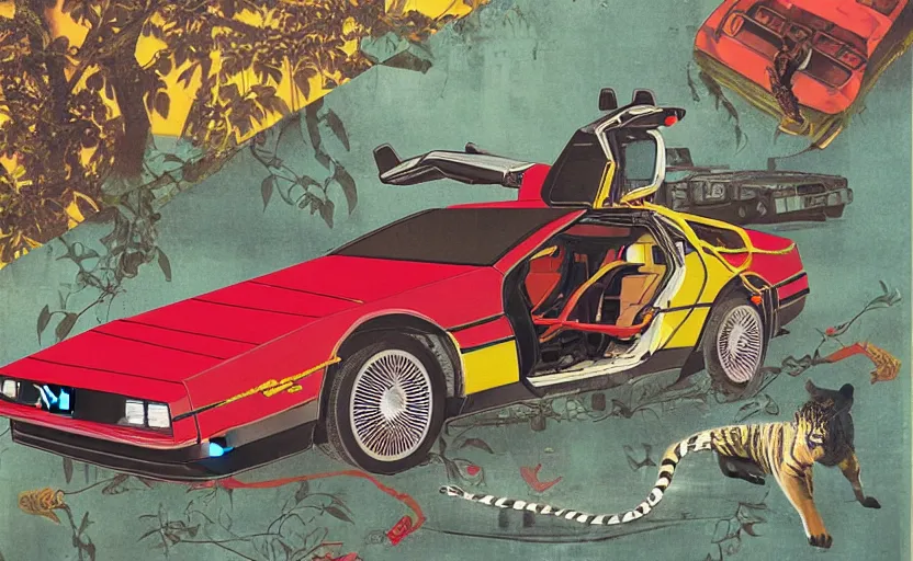 Image similar to a red delorean and a yellow tiger in ajegunle slum of lagos - nigeria, painting by hsiao - ron cheng, utagawa kunisada & salvador dali, magazine collage style,