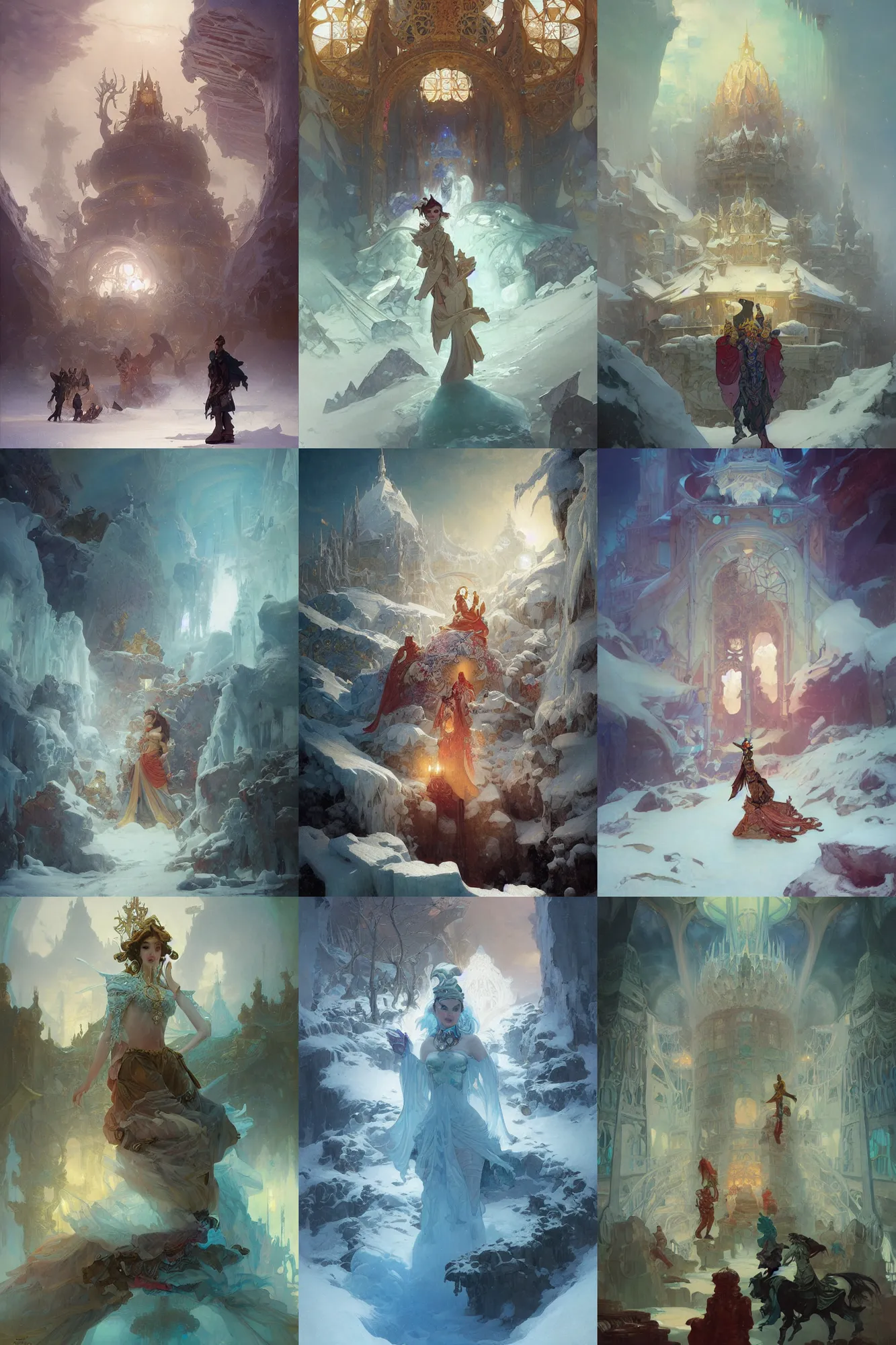 Prompt: ice palace, fantasy, art by joseph leyendecker, peter mohrbacher, ivan aivazovsky, ruan jia, reza afshar, marc simonetti, alphonse mucha