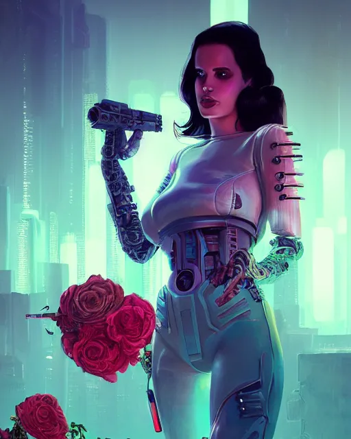 Image similar to portrait of lana del rey as a cyberpunk cyborg. roses, sci - fi, intricate abstract upper body intricate artwork, by tooth wu, wlop, beeple, dan mumford. concept art, octane render, deviantart, greg rutkowski, cinematic arthouse, key art, hyper realism, iridescent accents