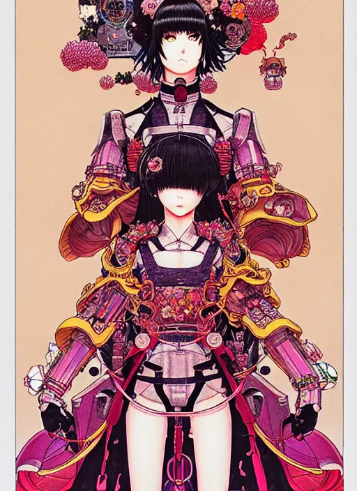 Image similar to highly detailed fate artstation katsuhiro otomo fluorescent fantastic fate manga poster of princess mechine, minaba hideo, takato yamamoto, long hair, armor, laces, ruffles, 8 k, maximalist, art nouveau,