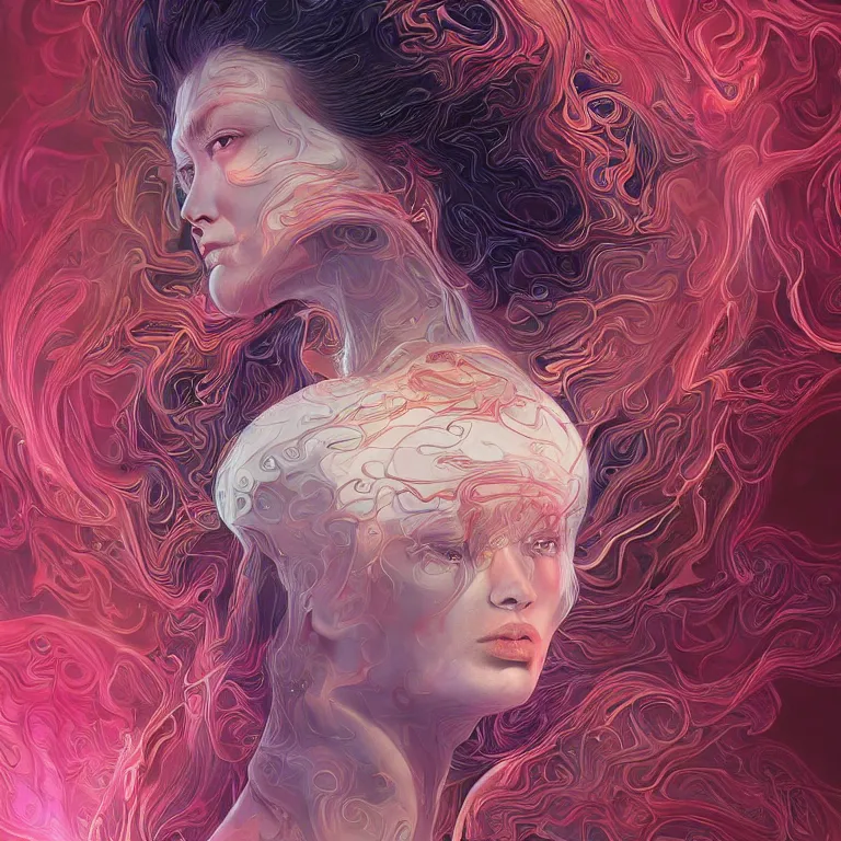 Image similar to portrait of a woman with swirling hair and fractal skin by killian eng, retrofuturism, psychedelic art reimagined by industrial light and magic