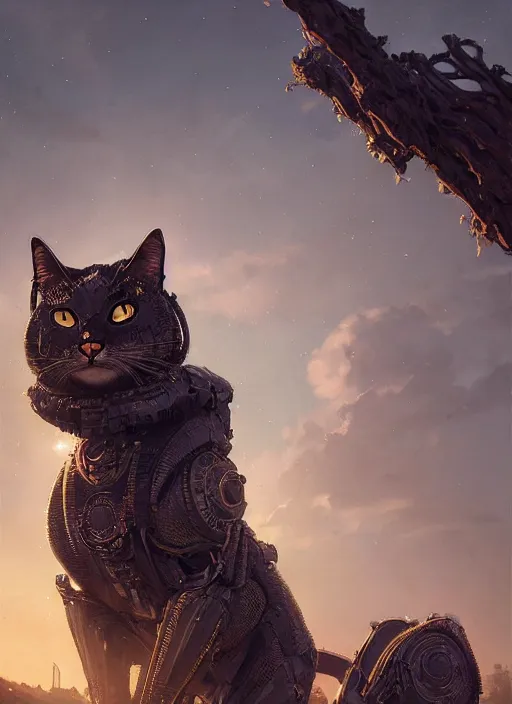 Prompt: giant cyborg cat on a dusky land, art by artgerm and greg rutkowski, cinematic shot, intricate, ornate, photorealistic, ultra detailed, trending artstaition, realistic, 1 0 0 mm, photography, octane, high definition, depth of field, bokeh, 8 k