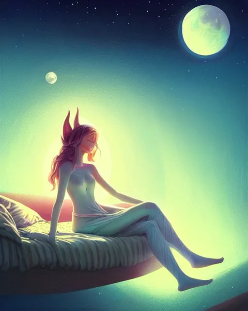 Image similar to beautiful painting of a elven sleeping on her bed with a smiling moon over her, art by mike winkelmann and by petros afshar, sky night, illustration, highly detailed, simple, smooth and clean vector curves, no jagged lines, vector art, smooth, artstation