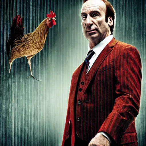 Image similar to saul goodman and a rooster in a saw movie torture chamber, saw movie jigsaw background, saul goodman, rooster, photo