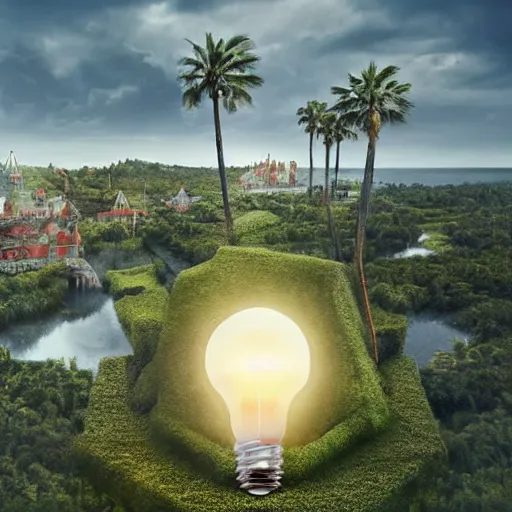 Image similar to a castle surrounded by giant palm trees on a giant floating island in the sky, giant light realistic light bulb glowing in the sky, cinematic, digital art by erik johansson, 8 k resolution, hyper detailed, sharp focus