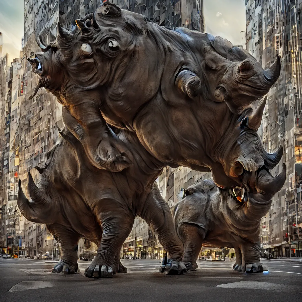 Image similar to a mechanical rhinoceros charging down a city street in Tokyo, ornamental,photorealistic, wide angle, cinematic atmosphere, elaborate, highly detailed, ornate, shiny, dramatic lighting, octane render, style by John Salt,