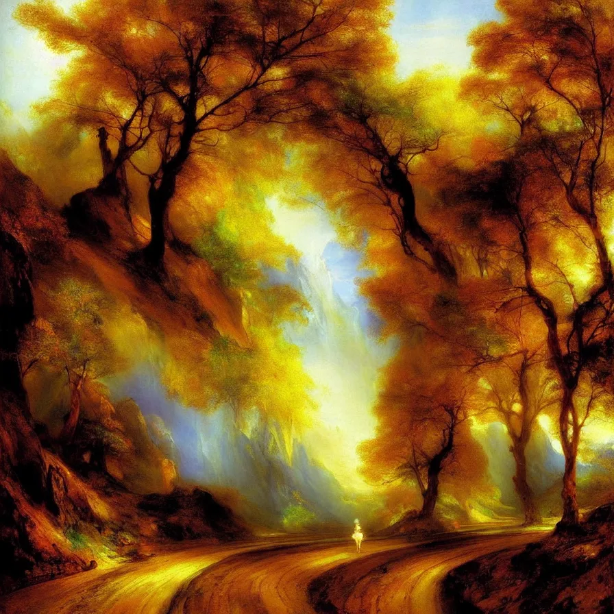 Prompt: artwork titled :'the mind road ', painted by thomas moran.