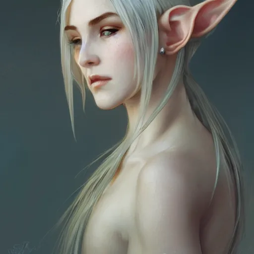 Prompt: portrait of very gorgeous elf, thorn crown, headshot, pale skin, 4k, rule of thirds, extreme detail, detailed drawing, trending artstation, hd, fantasy, D&D, realistic lighting, by Alphonse Mucha, Greg Rutkowski, sharp focus, backlit, bright white hair, elegant