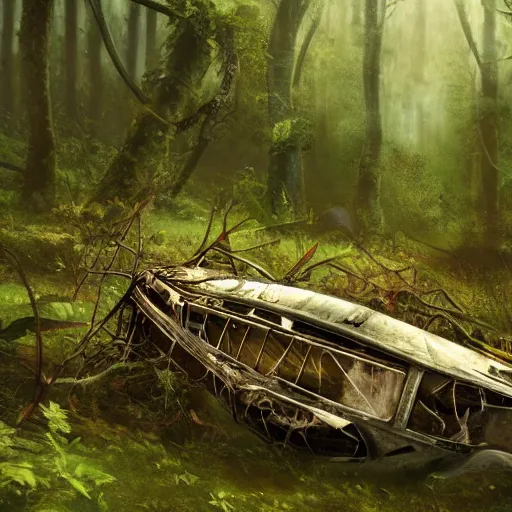 Image similar to a flying vessel wreckage lying down in a thick forest, vines growing on top, 8 k, hyper realism, artstations, concept art, cinematic