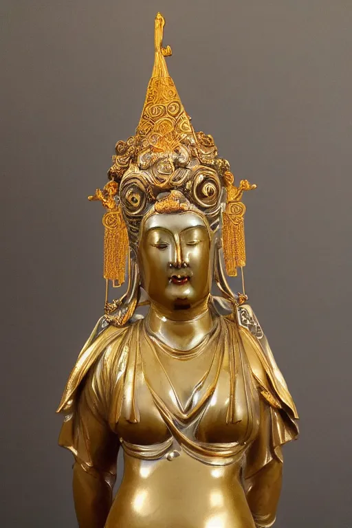 Prompt: mnemosine goddess statue sculpted in polished chinese porcelain with gold foils covering his head, made by antonio corradini, ultrarealistic, detailed, 8 k