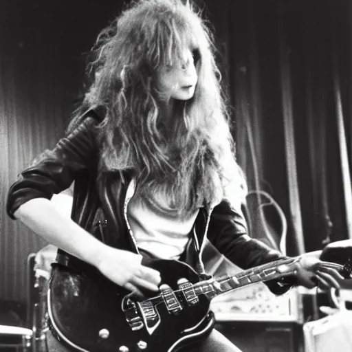 Image similar to 19-year-old girl wearing black leather jacket and denim jeans, shaggy wavy red hair, holding electric guitar, 1973 concert photo