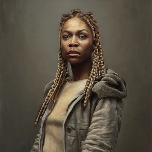 Prompt: a portrait of a beautiful!!! and fierce!!! woman with cornrow braids by Tim Okamura and Andrew Wyeth, she is standing in a very large room with many windows and columns, a detailed matte painting by Noah Bradley and Moebius, cgsociety, concept art, solarpunk, optimistic future, natural light, golden light, life after the plague, backlit, rim lighting