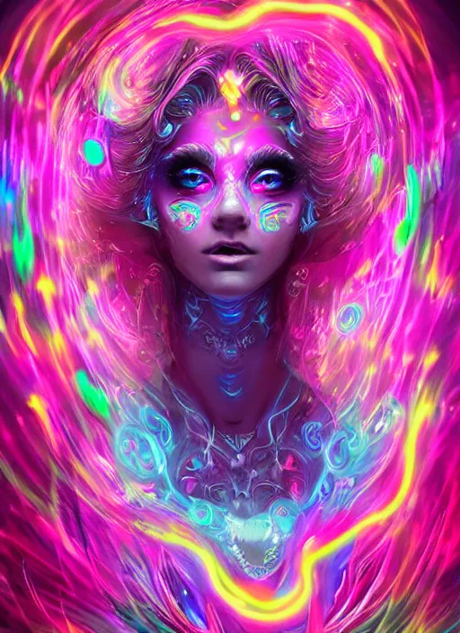 Prompt: psychedelic [ chemiluminescence ] [ [ [ smiling ] ] ] dancing elegant woman chakra spirit, winking one eye, with pink hair smoke and fluid dynamics, colorful, psychedelic, ornate, intricate, digital painting, concept art, smooth, sharp focus, illustration, blacklight reacting, art by artgerm and greg rutkowski