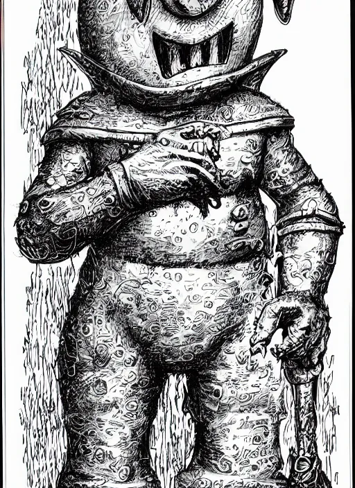 Prompt: tinky winky the teletubbie as a D&D creature, full body, pen-and-ink illustration, etching, by Russ Nicholson, DAvid A Trampier, larry elmore, 1981, HQ scan, intricate details, Monster Manula, Fiend Folio