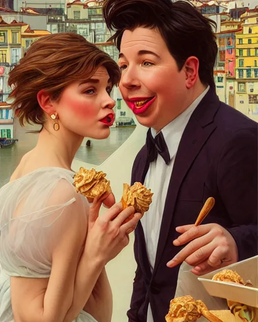 Prompt: Portrait of Michael Mcintyre & blonde actress with big lips eating ice creams in Porto,real life skin, intricate, elegant, highly detailed, artstation, concept art, smooth, sharp focus, art by artgerm and greg rutkowski and alphonse mucha