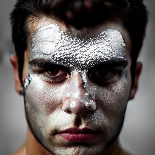 Image similar to a close up portrait of a beautiful athletic young persian male with his face covered in silver leaf , photographed by erwin olaf, artistic