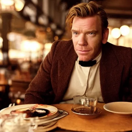 Image similar to ewan mcgregor is sitting at table in a cafe at paris in early 2 0 th century. next to him is a brown cat licking milk from little saucer, atmospheric feeling, warm colours, brown colours, yellow colours, epic scene, cinematic, very detailed