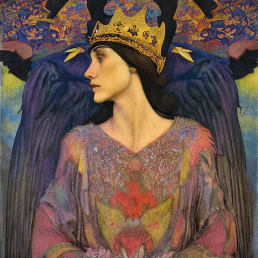 Image similar to portrait of a crow wearing a crown, by Annie Swynnerton and and Nicholas Roerich and Maxfield Parrish and Diego Rivera , symbolist, dramatic lighting, embroidered brocade robes, god rays, rich colors,smooth, sharp focus, extremely detailed