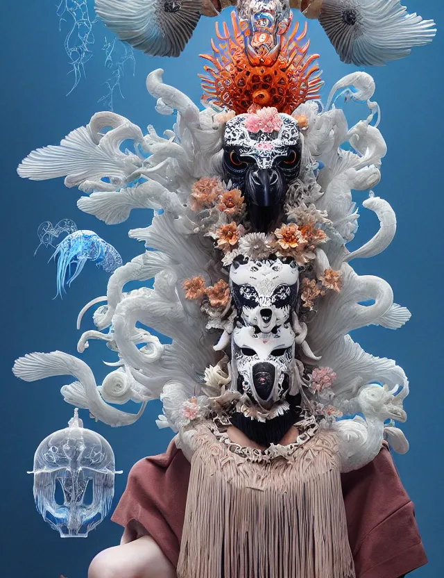 Image similar to 3 d goddess bottom - up with ram skull. beautiful intricately detailed japanese crow kitsune mask and clasical japanese kimono. betta fish, jellyfish phoenix, bio luminescent, plasma, ice, water, wind, creature, artwork by tooth wu and wlop and beeple and greg rutkowski