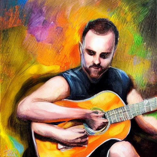 Image similar to andy mckee playing guitar, wonderful expressive portrait painting of youtube musician andy mckee doing his finger tap technique