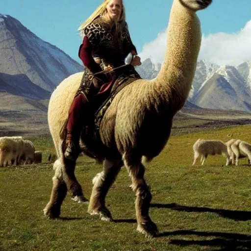 Image similar to rohirrim, riding toward minas tirith on alpacas