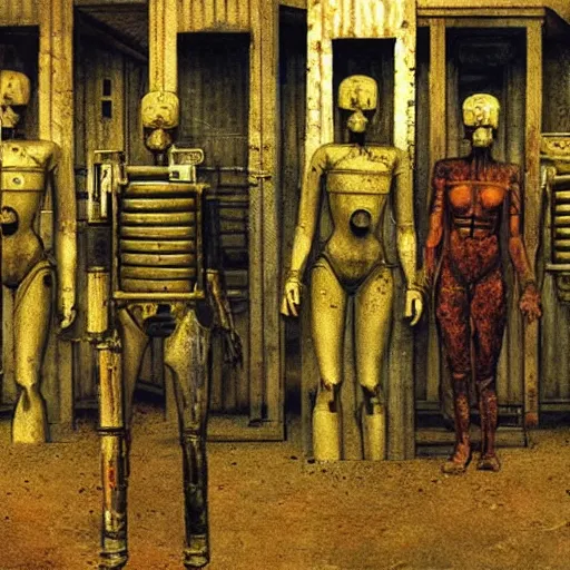 Prompt: humanoid robot prisoners in a dystopian prison yard, guards watching them, highly detailed beksinski art