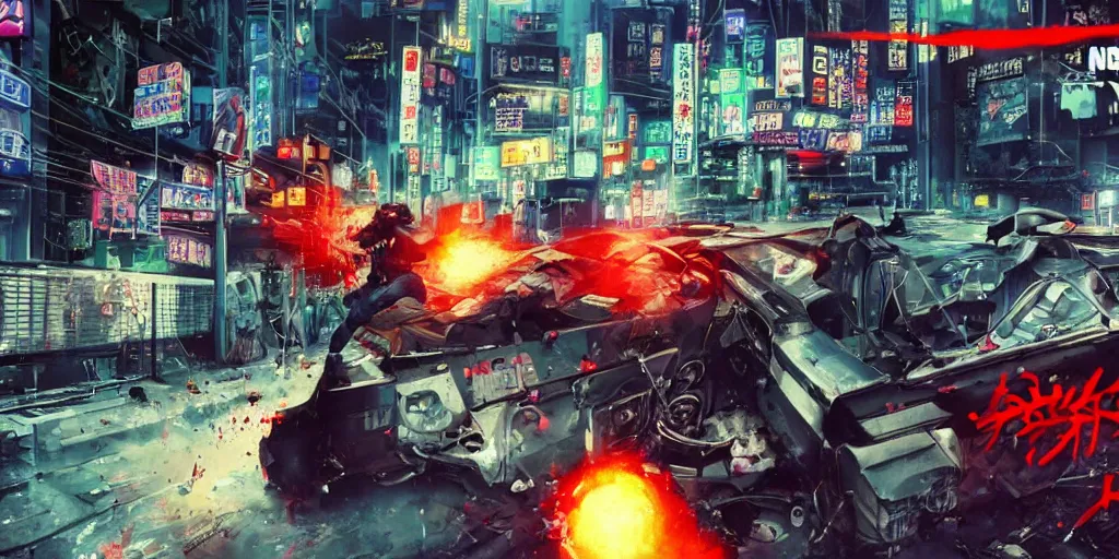 Image similar to 1991 Video Game Screenshot, Anime Neo-tokyo Cyborg bank robbers vs police, bags of money, Police officer hit, Bullet Holes and Blood Splatter, Hostages, Smoke Grenade, Sniper Fire, Chaotic, Cyberpunk, Anime VFX, Machine Gun Fire, Violent, Action, FLCL, Shootout, Highly Detailed, 8k :4 by Katsuhiro Otomo + Studio Gainax + Arc System Works : 8