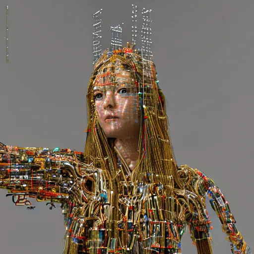 Image similar to subtle background, piles of modular synth cables, goddess reaching out hand wearing a headpiece made of circuit boards in a photo shoot for balenziaga, wlop, stanley kubrick, masamune, hideki anno, unique perspective, eastman color, perfect details, trending on artstation, 3 d render, smooth render