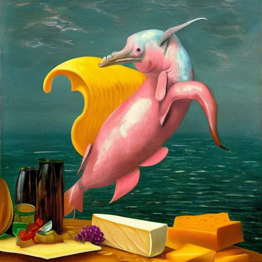 Prompt: a highly detailed oil painting of a pink dolphin ruling a cheese kingdom where everything is made from different types of cheese, surreal, 4 k, trending on art station, in the style of caravaggio, comic book style, van gogh