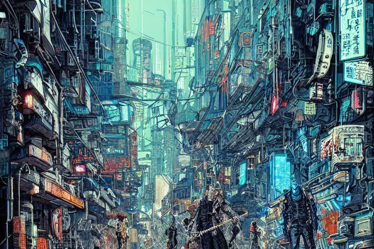 Prompt: a cyberpunk gang in the alleyway of a lofty city, gritty, cyberpunk ads, piping, cables, art deco architecture, graffiti, fine detail, intricate, polished, blue color scheme, digital art, illustration, by john smith and noriyoshi ohrai and tsutomu nihei