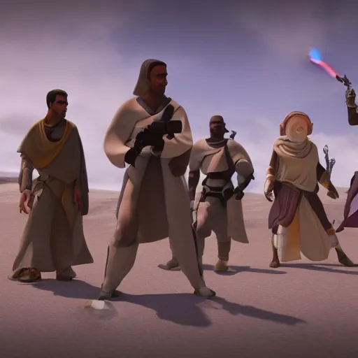 Image similar to a group of Jedi on the planet Felucia, cinematic