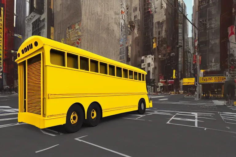 Image similar to Yellow school bus, a red japanese Torii gate, New York location in USA, atomic bomb dropping from the sky, ray tracing, high detail, 4K