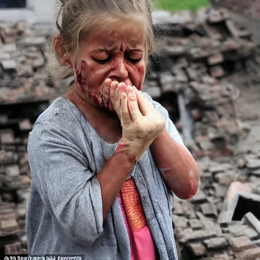 Image similar to she began to cry tears of blood which became little brick houses when they hit the ground