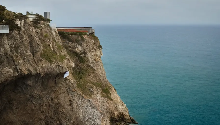 Image similar to coastal perched on a cliff overlooking a magnificient bay, brutalism architecture, drawing architecture, pritzker architecture prize, greig fraser