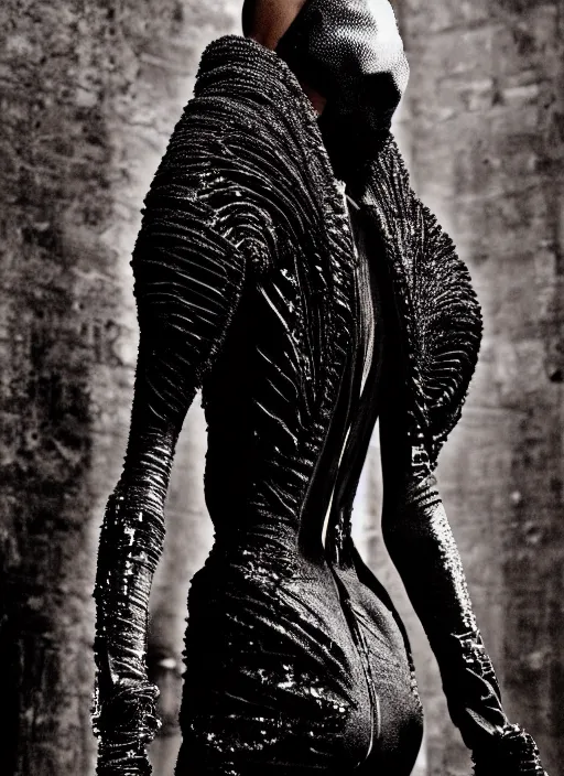 Prompt: walking down the catwalk, steven klein, show, stage, vogue photo, podium, fashion show photo, historical baroque dress dark, iris van herpen, beautiful woman, full body shot, masterpiece, intricate, biopunk, guyver, highly detailed