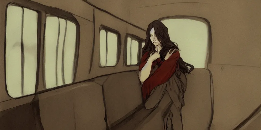 Image similar to a beautiful painting of a sad woman on a train by abigail larson, trending on artstation