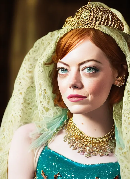 Image similar to portrait of emma stone as princess jasmine in persian palace, by charlotte grimm, natural light, detailed face, beautiful nails,, canon eos c 3 0 0, ƒ 1. 8, 3 5 mm, 8 k, medium - format print, half body shot