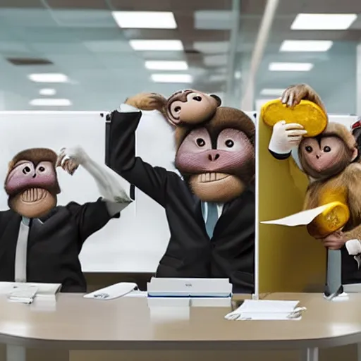 Image similar to monkeys as employees in the cubical offices, throwing bananas and folders on clients