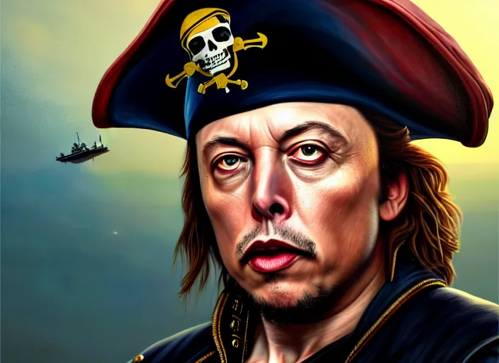 Image similar to highly detailed painting of a sly Elon Musk as a dread pirate captain, proudly posing at the helm of his frigate wearing a pirate hat at sunset, artstation, cinematic lighting, hyperdetailed, cgsociety, 8k, high resolution, insanely detailed and intricate, concept art, smooth, sharp focus, illustration, art by John Collier and Albert Aublet and Krenz Cushart and Artem Demura and Alphonse Mucha, masterpiece