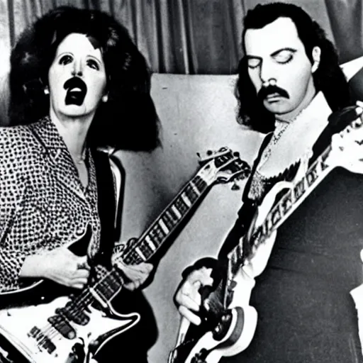 Prompt: photograph of margaret thatcher in kiss makeup playing guitar on stage with freddie mercury singing kodachrome washed out color