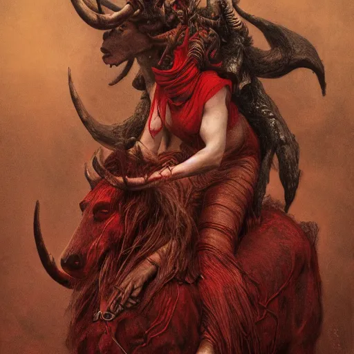 Image similar to a masterpiece! photographic portrait of a scarlet - colored beast with seven ( 7 ) heads and ten ( 1 0 ) horns by gustave dore and stephen hickman and allen williams, trending on artstation, cgsociety, 8 k hd, earthtone colors, a cloaked woman riding the back of the beast