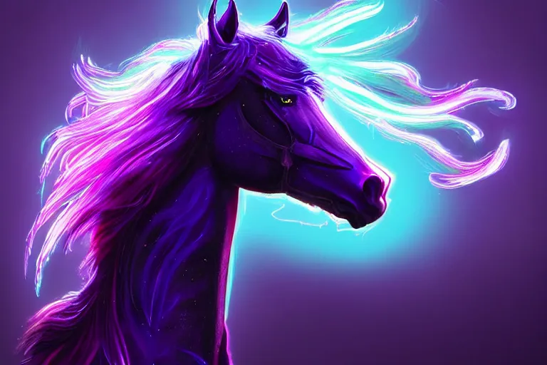 Prompt: a stunning horse with bioluminescent mane and tail running by sandra chevrier and greg rutkowski, neon hooves, purple blue color scheme, vaporware, retro, outrun, high key lighting, volumetric light, digital art, highly detailed, fine detail, intricate, ornate, complex, octane render, unreal engine, photorealistic