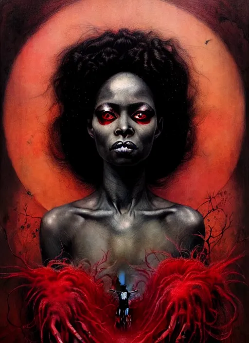 Prompt: a hyper realistic portrait of a black fairy queen from hell, beautiful symmetrical face, award winning painting, brush splashes of blood, artwork by chiara bautista and beksinski and norman rockwell and greg rutkowski, tom bagshaw weta studio, and lucasfilm