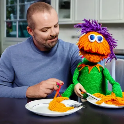 Image similar to a man eating yarn, with a dinner plate full of a muppet