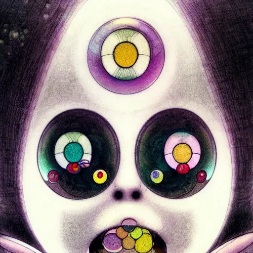 Image similar to prompt: Fragile looking soft light portrait face drawn by Takashi Murakami and Katsuhiro Otomo, inspired by Ghost in Shell anime, magical and alchemical objects on the side, soft light, monochrome background, intricate detail, intricate ink painting detail, sharp high detail, manga and anime 2000