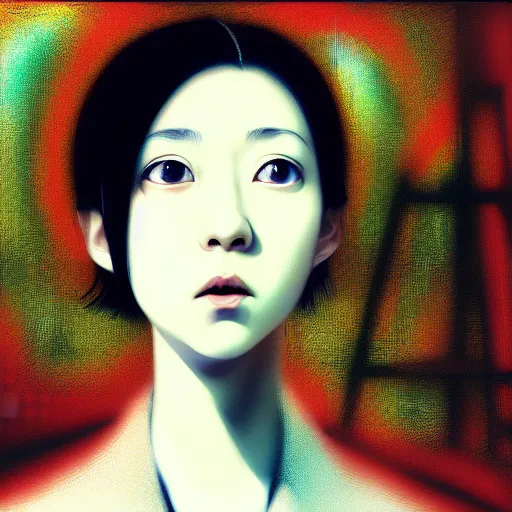 Image similar to yoshitaka amano blurred and dreamy realistic three quarter angle portrait of a young woman with short hair and black eyes wearing office suit with tie, junji ito abstract patterns in the background, satoshi kon anime, noisy film grain effect, highly detailed, renaissance oil painting, weird portrait angle, blurred lost edges