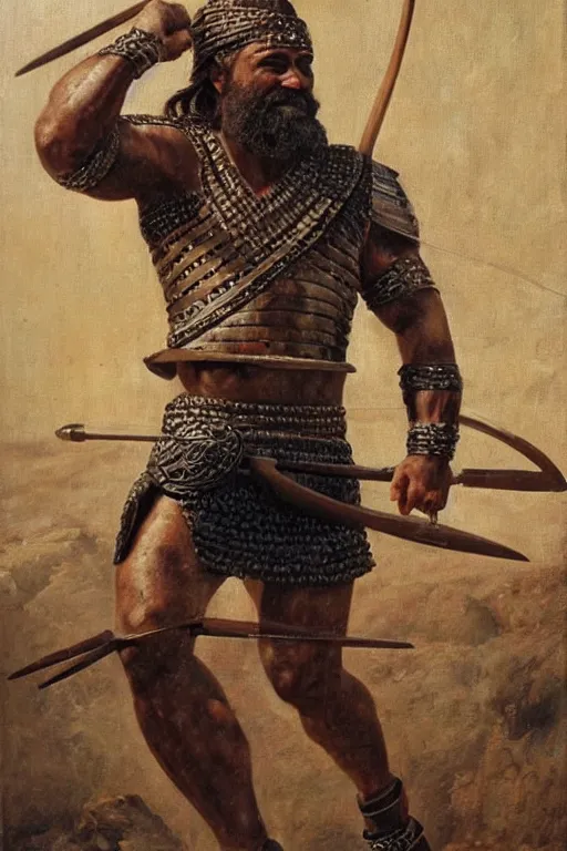 Prompt: ancient Mesopotamian archer, thick braided beard, intricate bronze armour, very muscly, black skin, strongman, big smile. Full body dynamic action pose. Oil painting. masterwork.